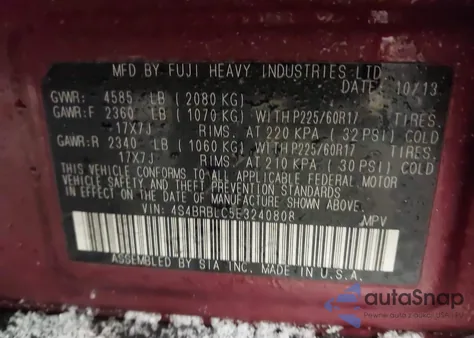 2014 Subaru Outback 2.5I Limited z USA, uszkodzony, nr VIN 4S4BRBLC5E3240808